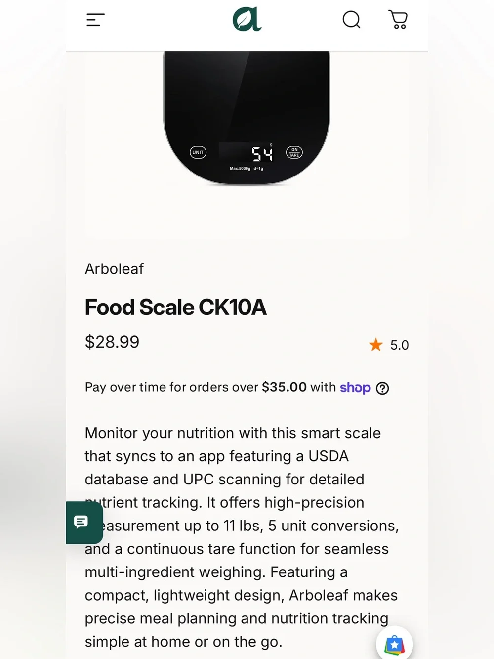 Arboleaf Black Digital Kitchen Scale with Tare & Unit Conversion model CF10A
